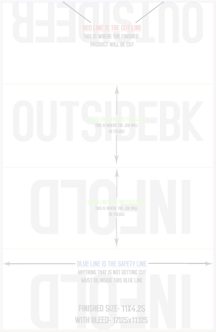 Flyers & Brochures 11" x 17" Double Parallel Fold Front/Outside (Vertical) trim, safety and fold template guide