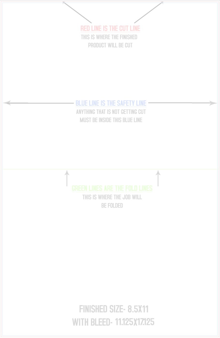 Flyers & Brochures 11" x 17" Half Fold (Horizontal) Portrait trim, safety and fold template guide