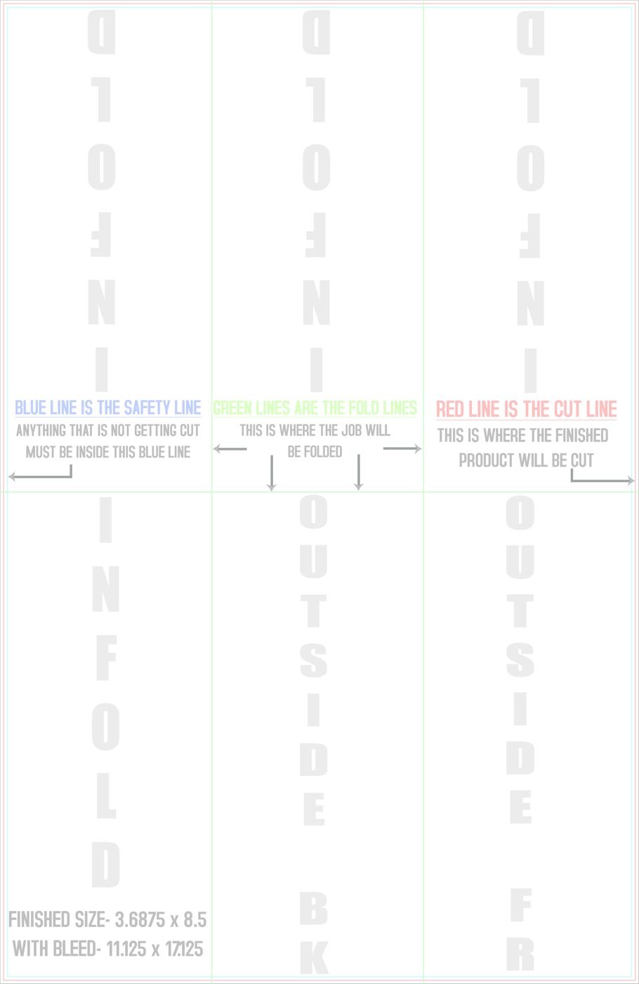 Flyers & Brochures 11" x 17" Half Fold - Tri Fold Front/Outside trim, safety and fold template guide
