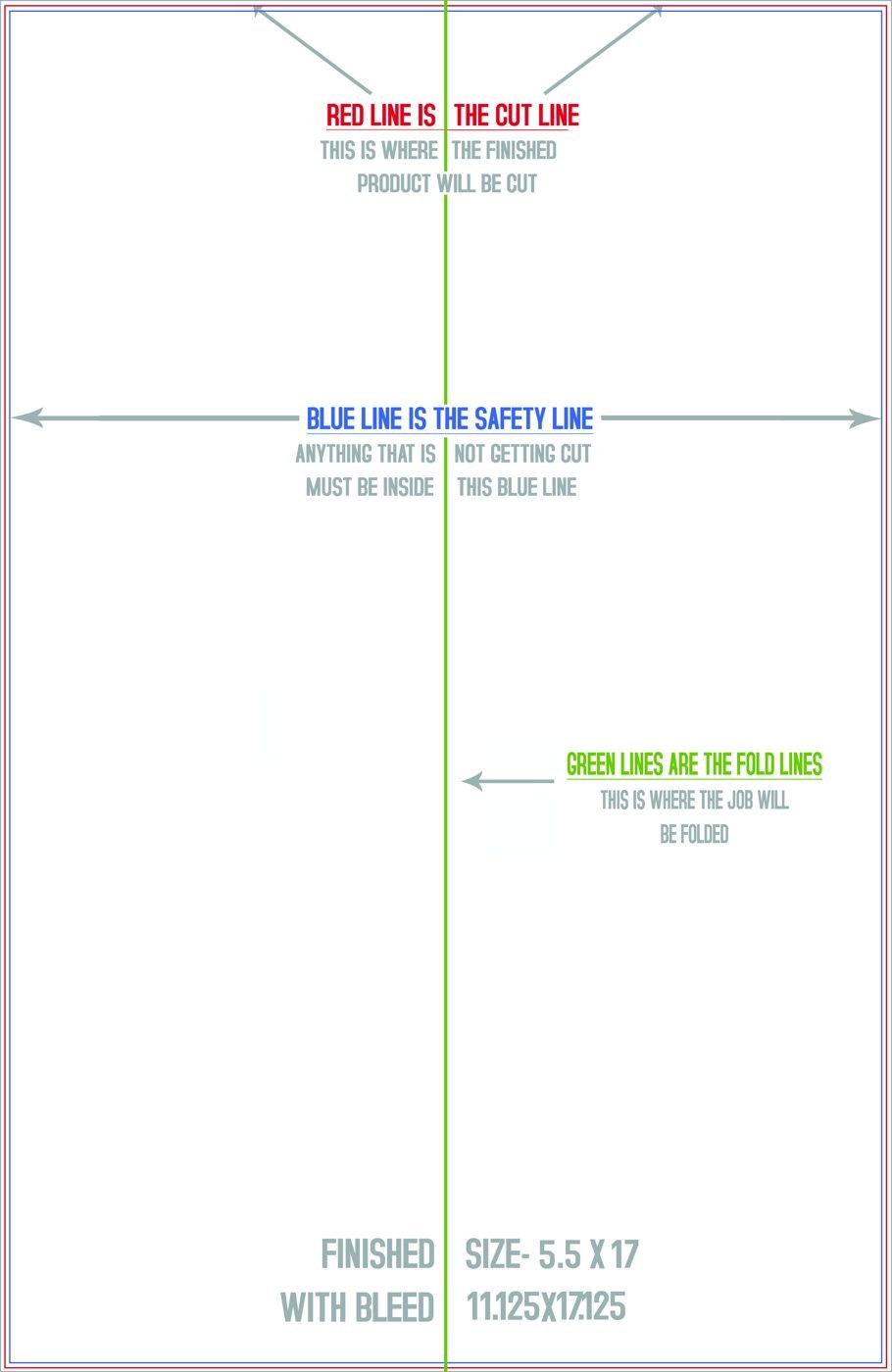 Flyers & Brochures 11" x 17" Half Fold (Vertical) Portrait trim, safety and fold template guide