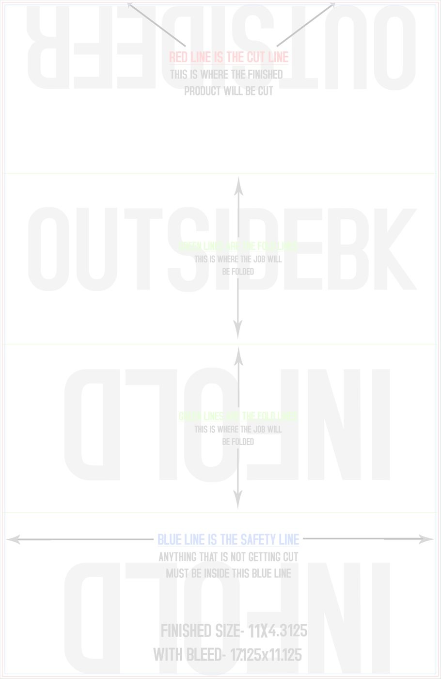 Flyers & Brochures 11" x 17" Roll Fold Front/Outside (Vertical) trim, safety and fold template guide