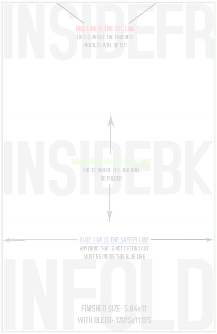Flyers & Brochures 11" x 17" Tri Fold Back/Inside (Vertical) trim, safety and fold template guide