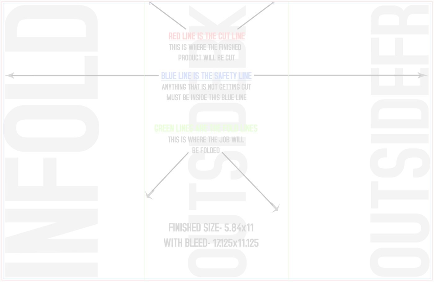 Flyers & Brochures 11" x 17" Tri Fold Front/Outside (Horizontal) trim, safety and fold template guide