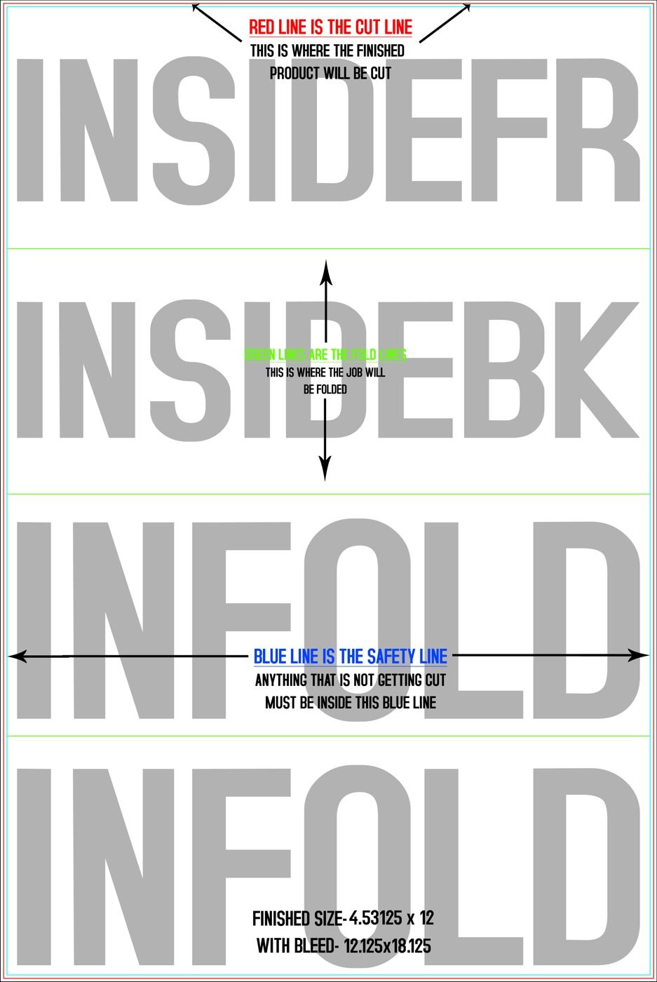 Flyers & Brochures 12" x 18" Double Parallel Fold Back/Inside (Vertical) trim, safety and fold template guide