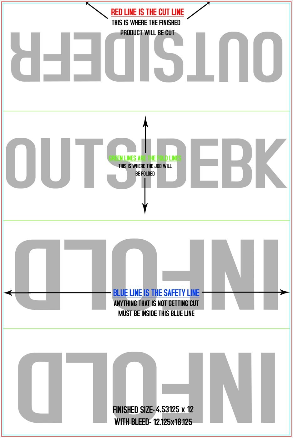 Flyers & Brochures 12" x 18" Double Parallel Fold Front/Outside (Vertical) trim, safety and fold template guide