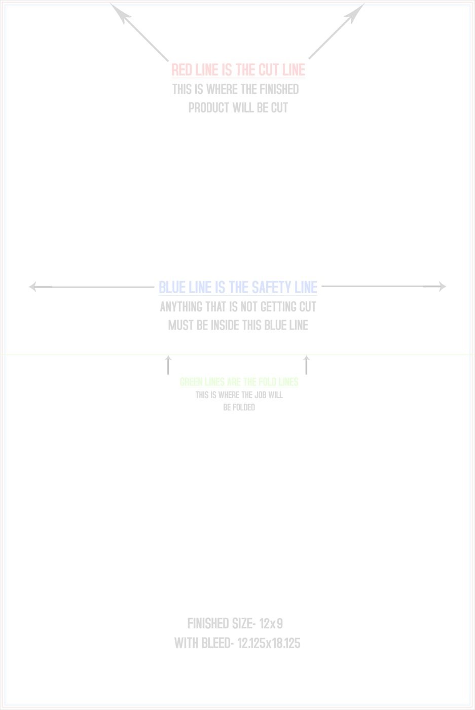Flyers & Brochures 12" x 18" Half Fold (Horizontal) Portrait trim, safety and fold template guide