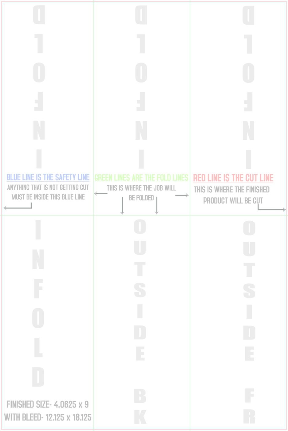Flyers & Brochures 12" x 18" Half Fold - Tri Fold Front/Outside trim, safety and fold template guide