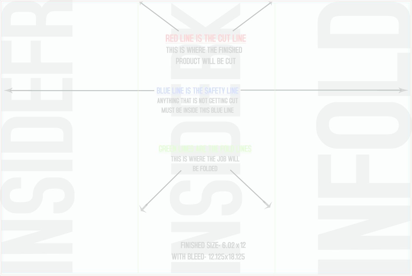 Flyers & Brochures 12" x 18" Tri Fold Back/Inside (Horizontal) trim, safety and fold template guide