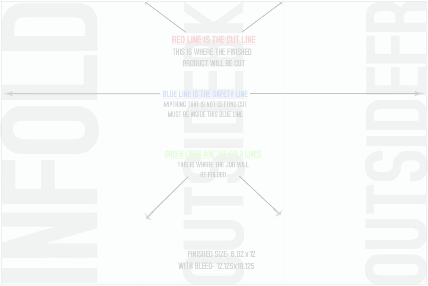 Flyers & Brochures 12" x 18" Tri Fold Front/Outside (Horizontal) trim, safety and fold template guide
