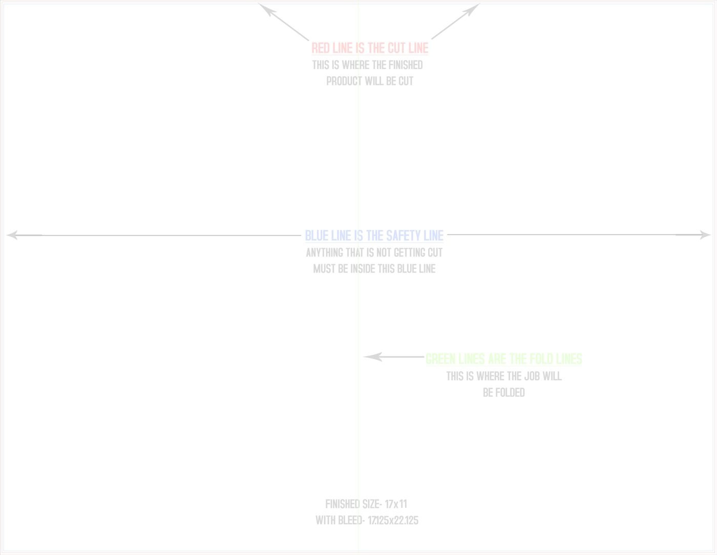 Flyers & Brochures 17" x 22" Half Fold (Horizontal) Landscape trim, safety and fold template guide
