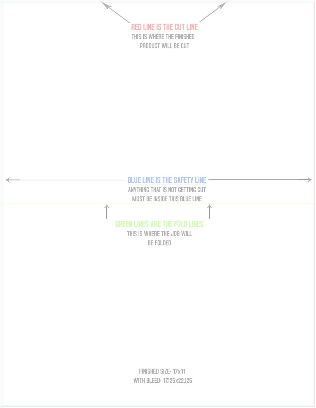 Flyers & Brochures 17" x 22" Half Fold (Horizontal) Portrait trim, safety and fold template guide