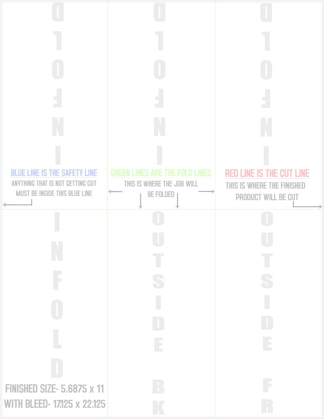 Flyers & Brochures 17" x 22" Half Fold - Tri Fold Front/Outside trim, safety and fold template guide