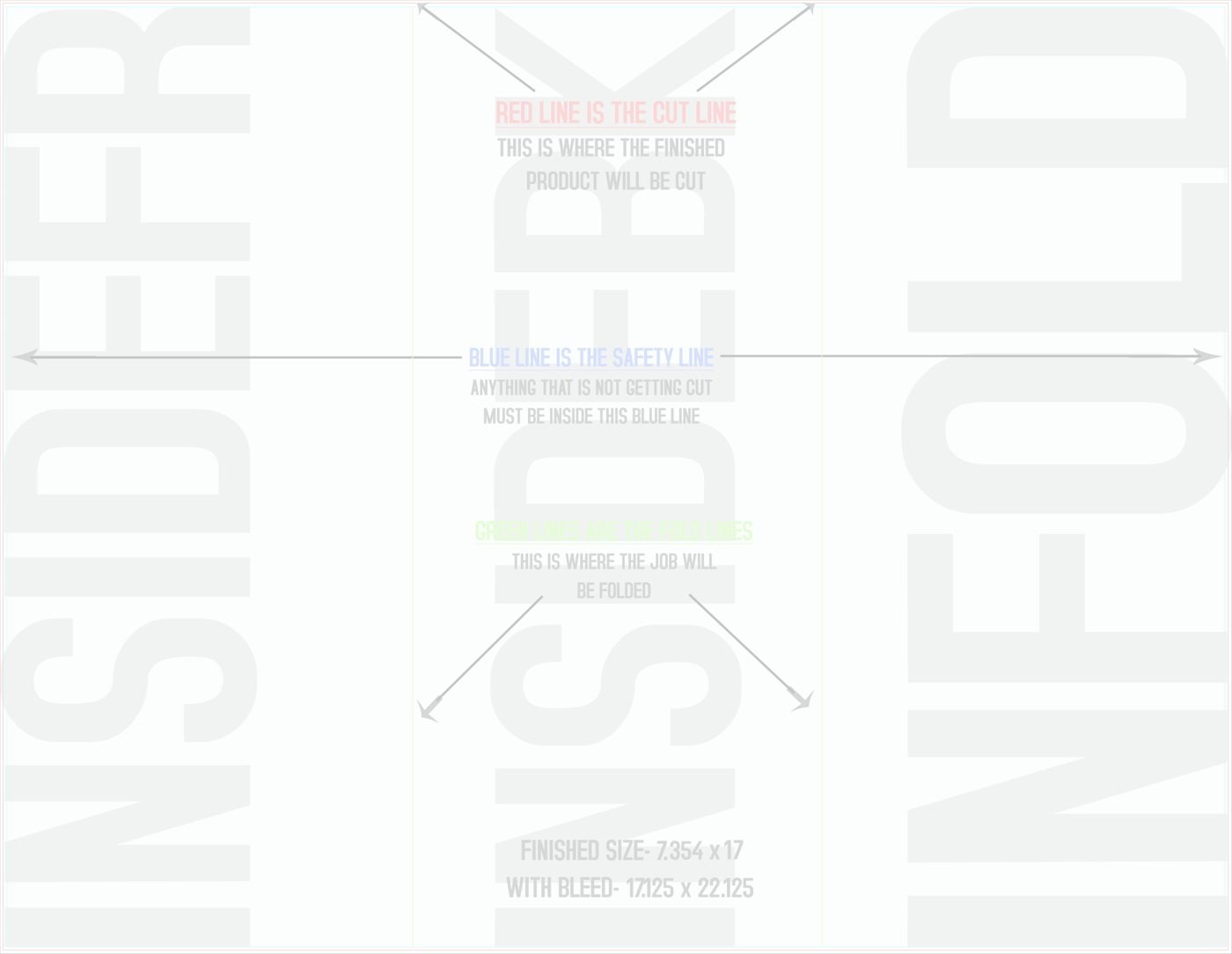 Flyers & Brochures 17" x 22" Tri Fold Back/Inside (Horizontal) trim, safety and fold template guide