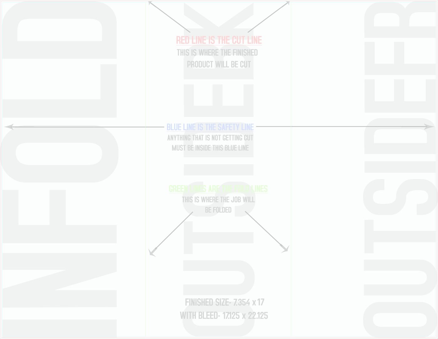 Flyers & Brochures 17" x 22" Tri Fold Front/Outside (Horizontal) trim, safety and fold template guide