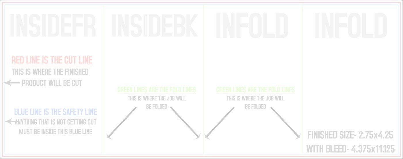 Flyers & Brochures 4.25" x 11" Double Parallel Fold Back/Inside (Horizontal) trim, safety and fold template guide