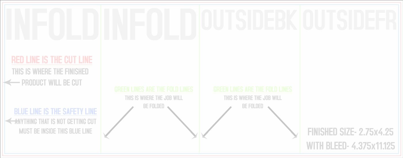 Flyers & Brochures 4.25" x 11" Double Parallel Fold Front/Outside (Horizontal) trim, safety and fold template guide