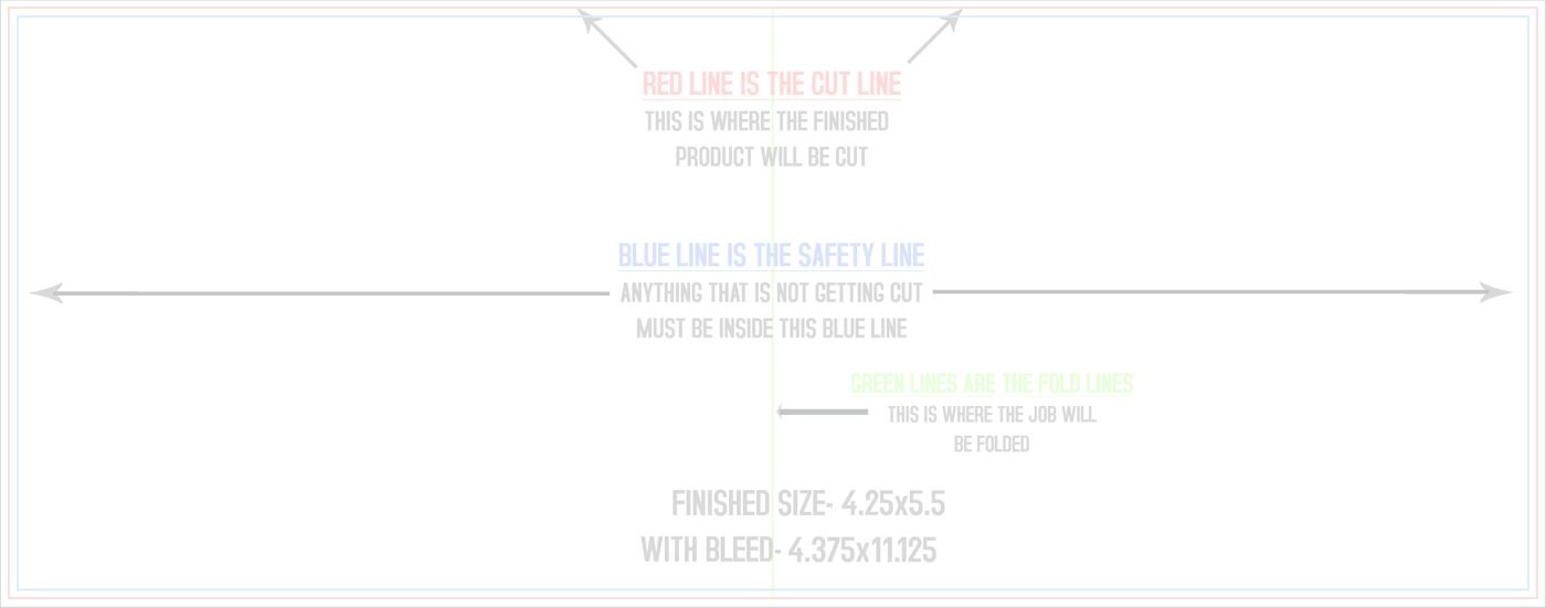 Flyers & Brochures 4.25" x 11" Half Fold (Horizontal) Landscape trim, safety and fold template guide