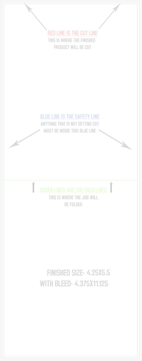 Flyers & Brochures 4.25" x 11" Half Fold (Horizontal) Portrait trim, safety and fold template guide
