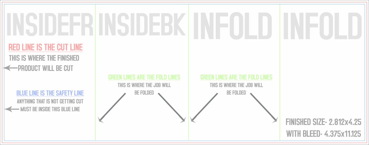 Flyers & Brochures 4.25" x 11" Roll Fold Back/Inside (Horizontal) trim, safety and fold template guide