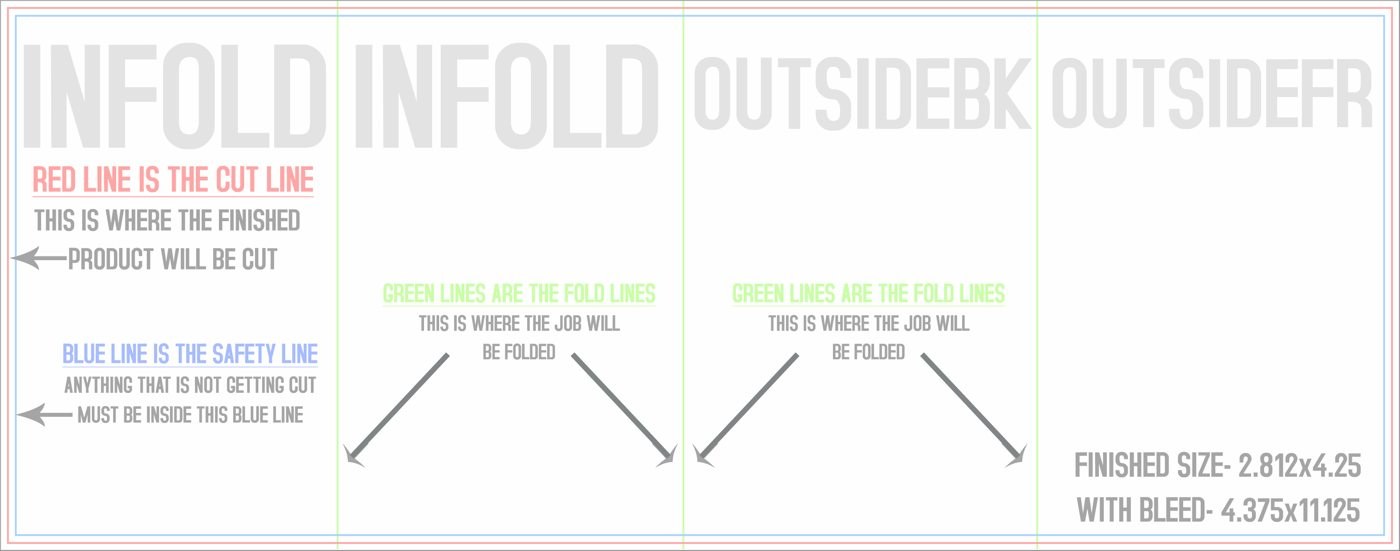 Flyers & Brochures 4.25" x 11" Roll Fold Front/Outside (Horizontal) trim, safety and fold template guide