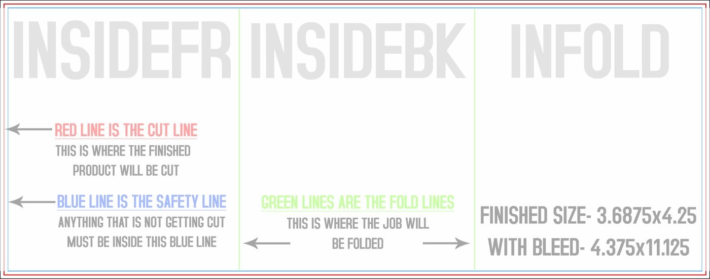 Flyers & Brochures 4.25" x 11" Tri Fold Back/Inside (Horizontal) trim, safety and fold template guide