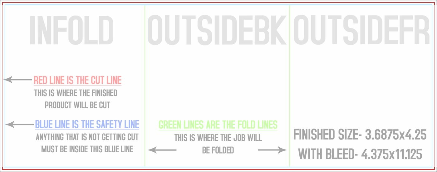 Flyers & Brochures 4.25" x 11" Tri Fold Front/Outside (Horizontal) trim, safety and fold template guide