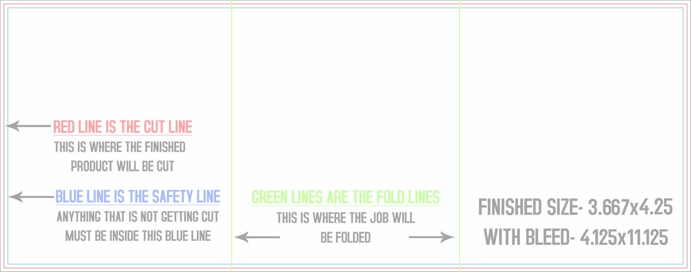 Flyers & Brochures 4.25" x 11" Z Fold (Horizontal) trim, safety and fold template guide