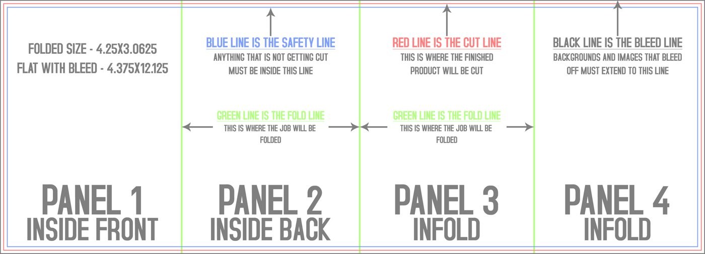 Flyers & Brochures 4.25" x 12" Roll Fold Back/Inside (Horizontal) trim, safety and fold template guide
