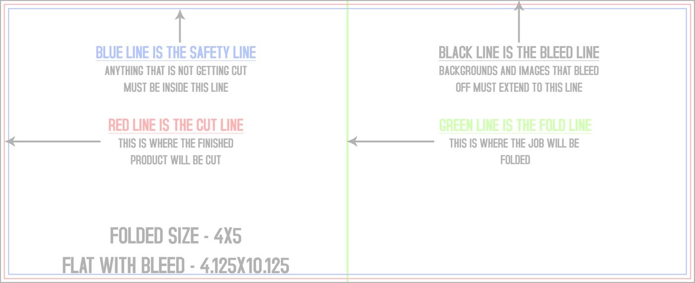 Flyers & Brochures 4" x 10" Half Fold (Horizontal) Landscape trim, safety and fold template guide