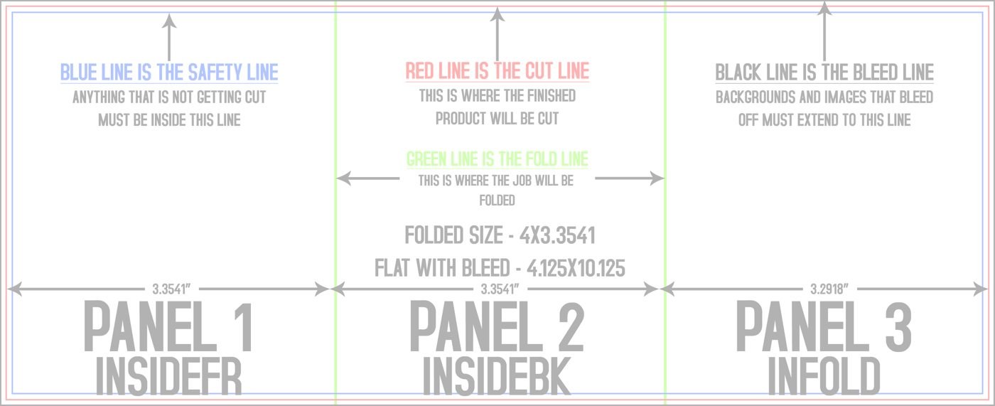 Flyers & Brochures 4" x 10" Tri Fold Back/Inside (Horizontal) trim, safety and fold template guide