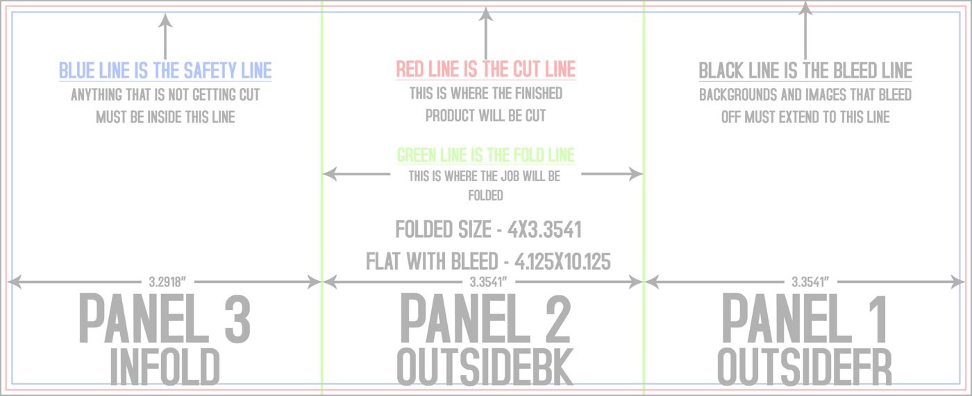 Flyers & Brochures 4" x 10" Tri Fold Front/Outside (Horizontal) trim, safety and fold template guide