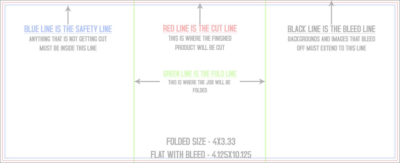 Flyers & Brochures 4" x 10" Z Fold (Horizontal) trim, safety and fold template guide