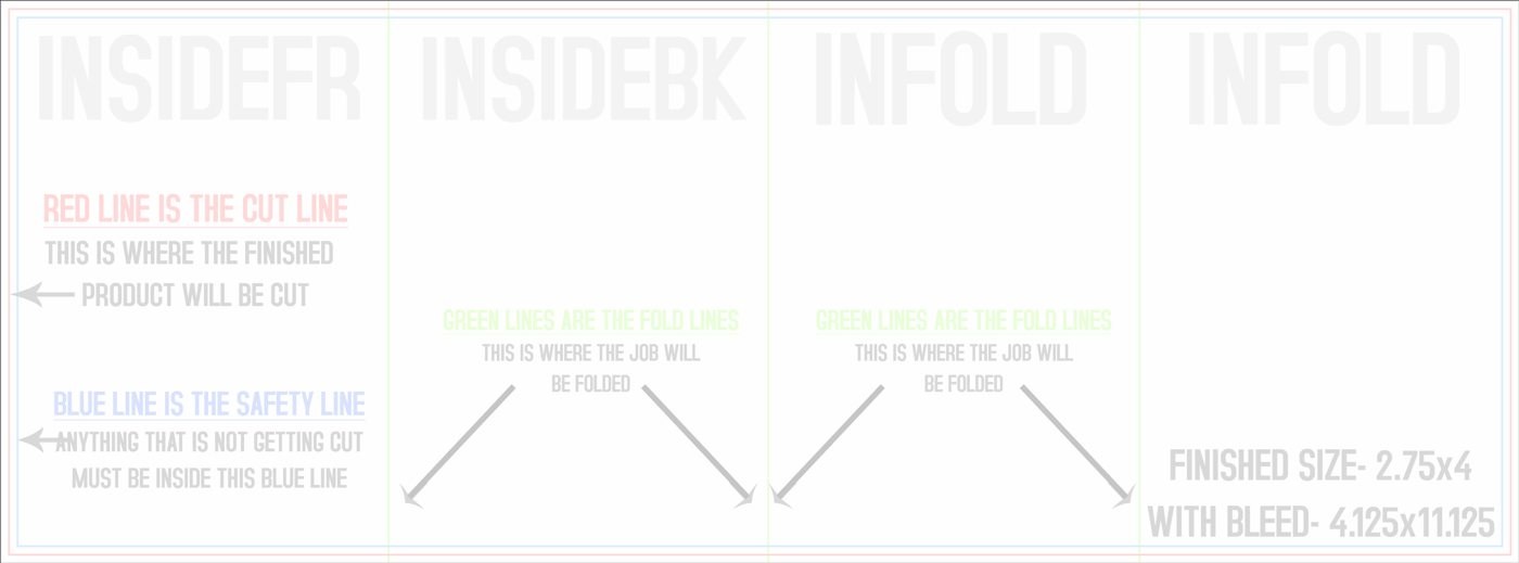 Flyers & Brochures 4" x 11" Double Parallel Fold Back/Inside (Horizontal) trim, safety and fold template guide