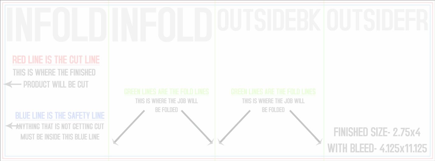 Flyers & Brochures 4" x 11" Double Parallel Fold Front/Outside (Horizontal) trim, safety and fold template guide