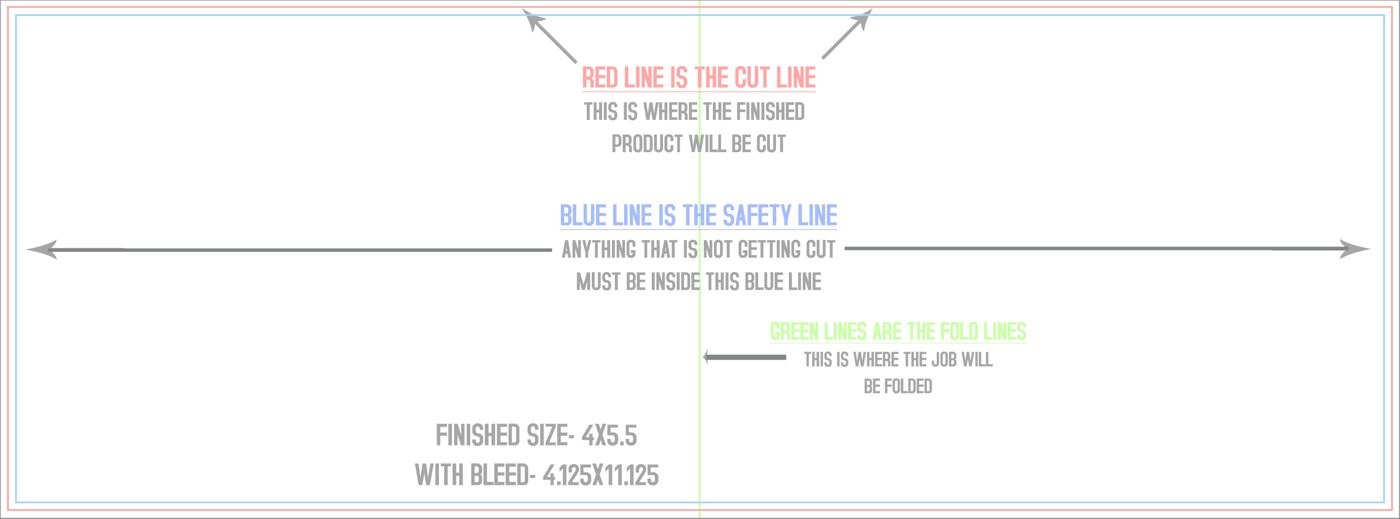 Flyers & Brochures 4" x 11" Half Fold (Horizontal) Landscape trim, safety and fold template guide