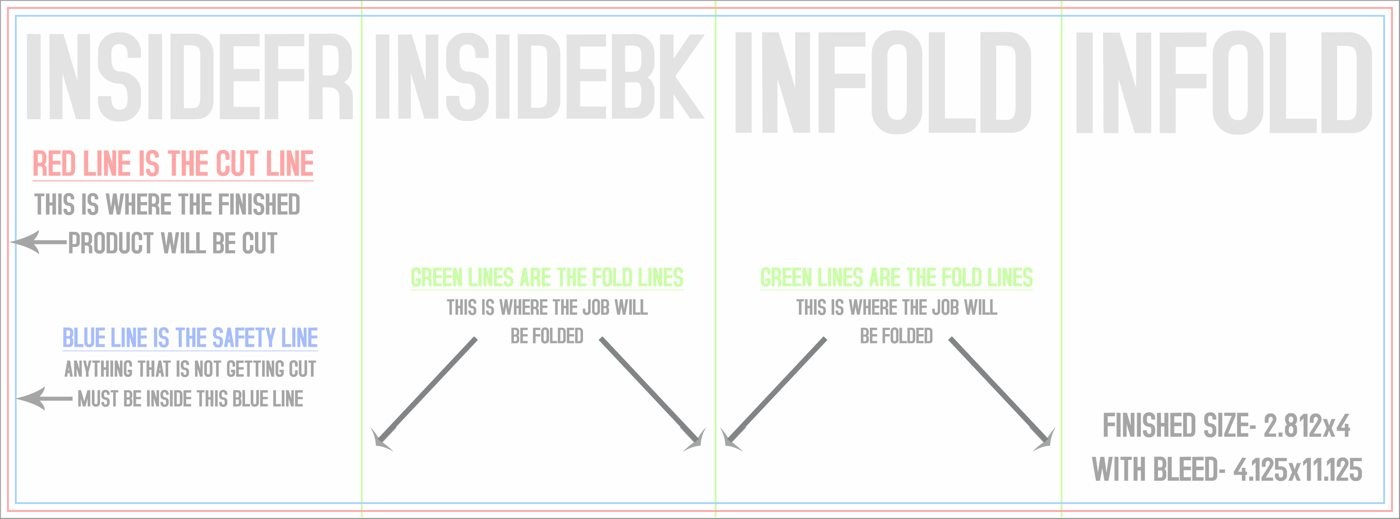 Flyers & Brochures 4" x 11" Roll Fold Back/Inside (Horizontal) trim, safety and fold template guide