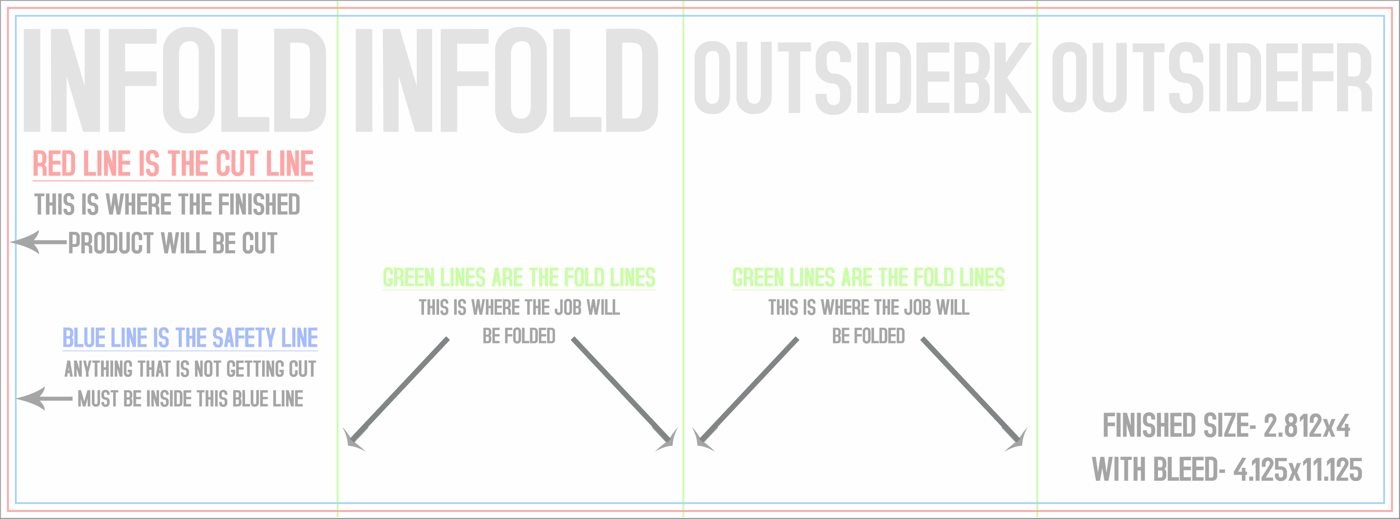 Flyers & Brochures 4" x 11" Roll Fold Front/Outside (Horizontal) trim, safety and fold template guide