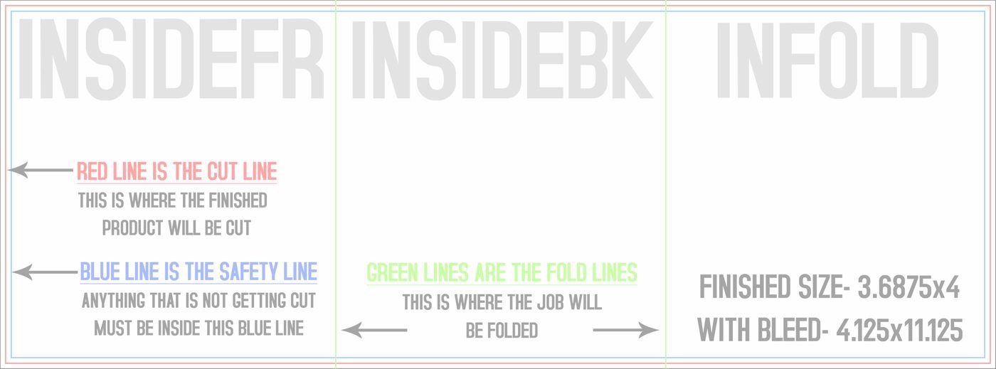 Flyers & Brochures 4" x 11" Tri Fold Back/Inside (Horizontal) trim, safety and fold template guide