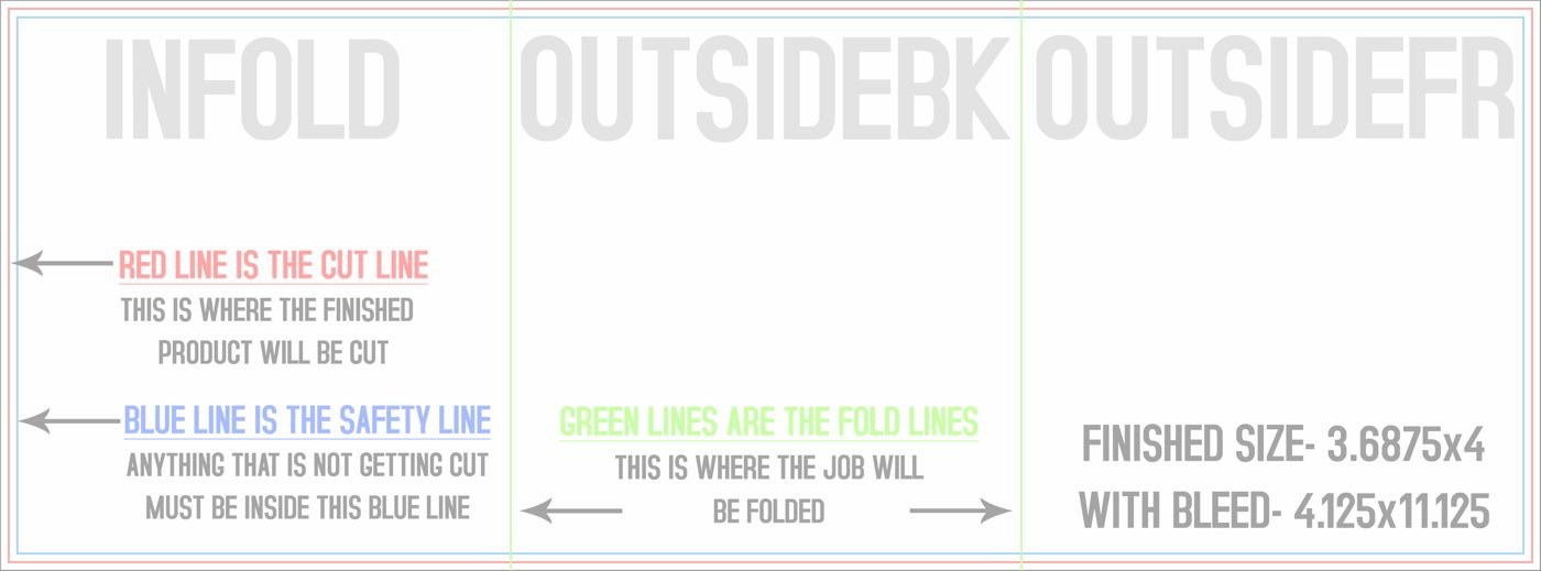 Flyers & Brochures 4" x 11" Tri Fold Front/Outside (Horizontal) trim, safety and fold template guide