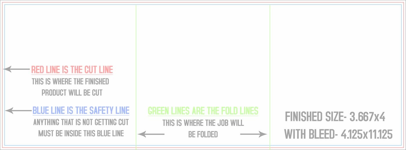 Flyers & Brochures 4" x 11" Z Fold (Horizontal) trim, safety and fold template guide