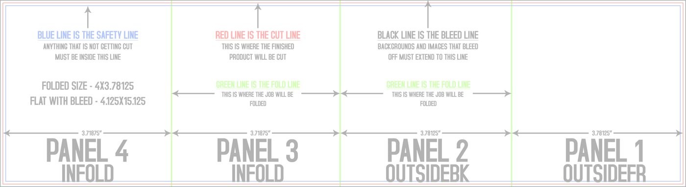 Flyers & Brochures 4" x 15" Double Parallel Fold Front/Outside (Horizontal) trim, safety and fold template guide