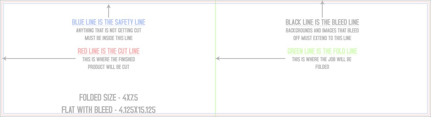 Flyers & Brochures 4" x 15" Half Fold (Horizontal) Landscape trim, safety and fold template guide