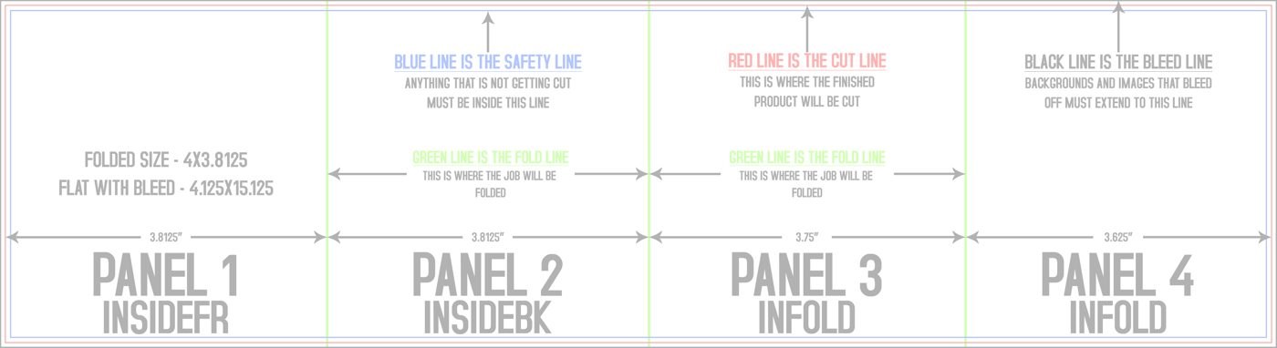 Flyers & Brochures 4" x 15" Roll Fold Back/Inside (Horizontal) trim, safety and fold template guide