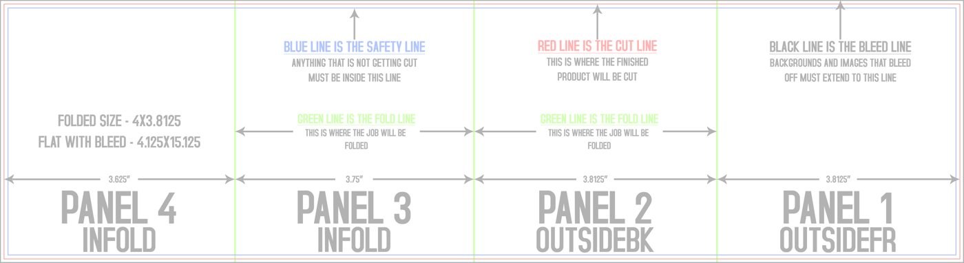 Flyers & Brochures 4" x 15" Roll Fold Front/Outside (Horizontal) trim, safety and fold template guide