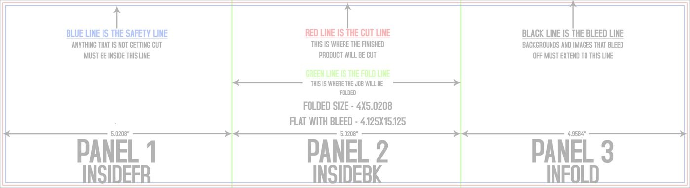 Flyers & Brochures 4" x 15" Tri Fold Back/Inside (Horizontal) trim, safety and fold template guide