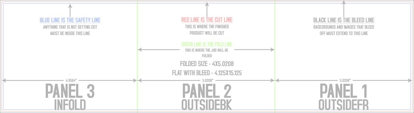 Flyers & Brochures 4" x 15" Tri Fold Front/Outside (Horizontal) trim, safety and fold template guide