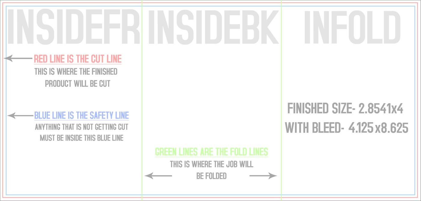 Flyers & Brochures 4" x 8.5" Tri Fold Back/Inside (Horizontal) trim, safety and fold template guide