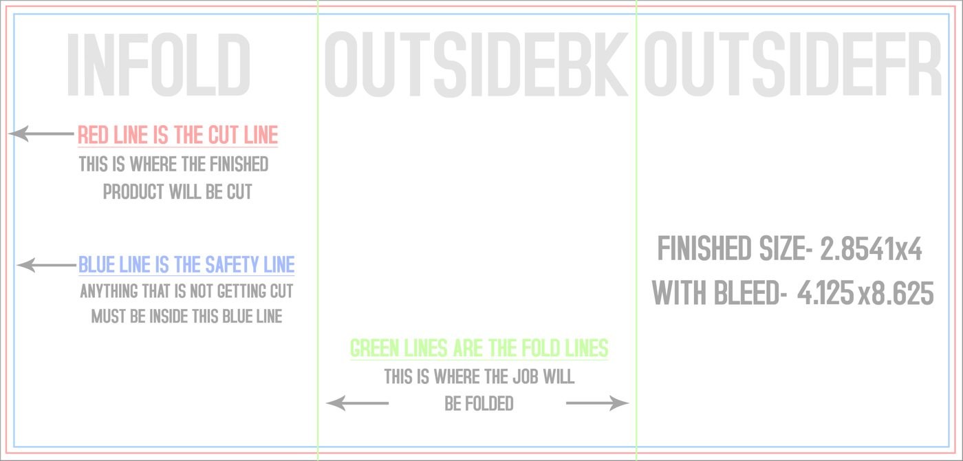 Flyers & Brochures 4" x 8.5" Tri Fold Front/Outside (Horizontal) trim, safety and fold template guide