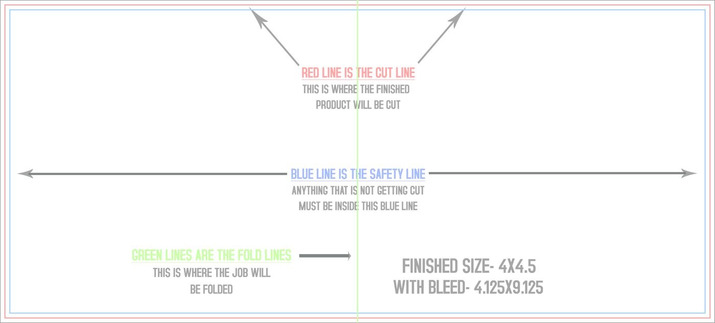 Flyers & Brochures 4" x 9" Half Fold (Horizontal) Landscape trim, safety and fold template guide
