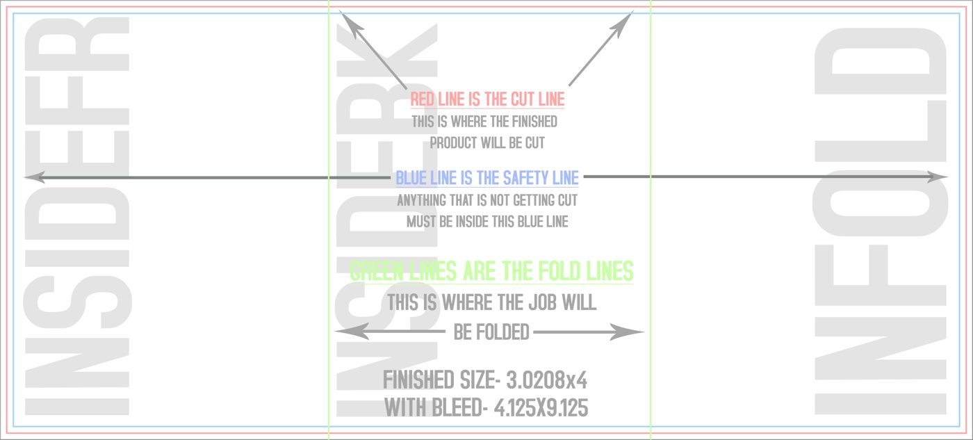Flyers & Brochures 4" x 9" Tri Fold Back/Inside (Horizontal) trim, safety and fold template guide